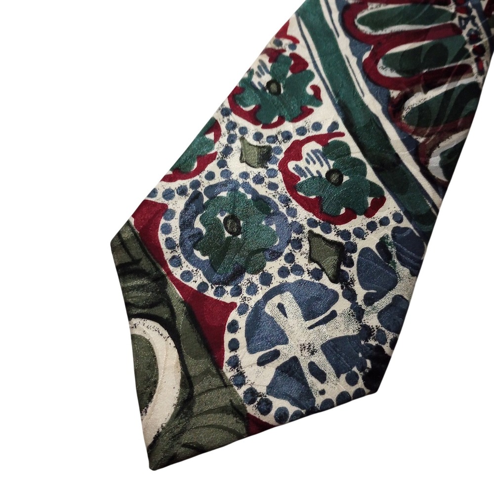 417 by Van Heusen Mens Silk Tie Abstract Floral Geometric Green Red Blue Vintage